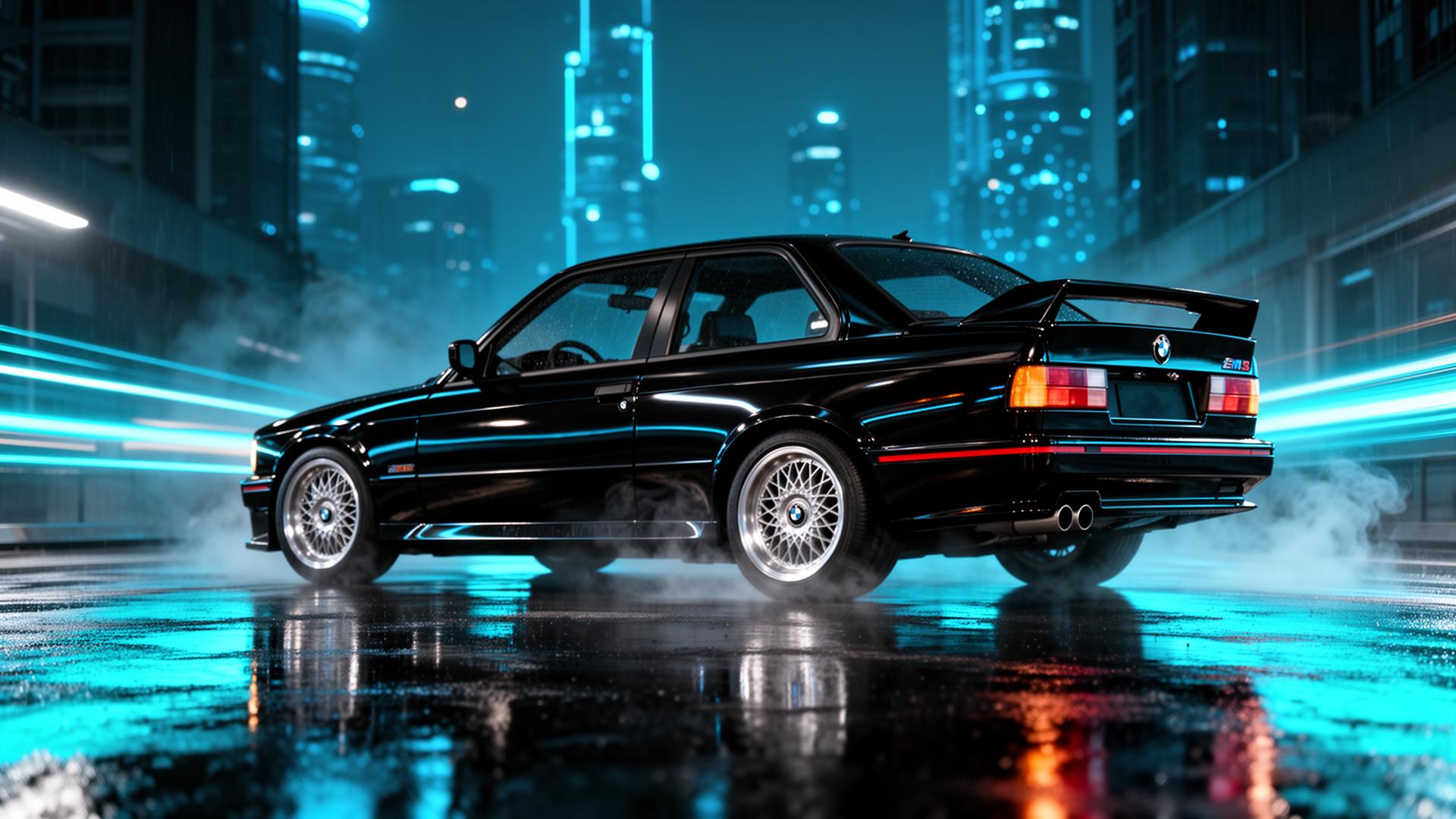 BMW 325 EVO 2 in cinematic neon-lit rainy night city